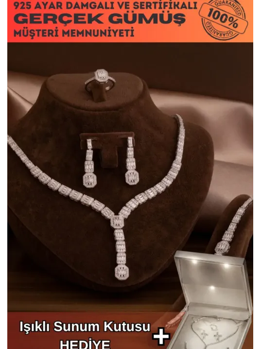 Kadın Gümüş Takı Seti - Perihan Baget Taşlı Zirkon Süslemeli Kolye, Bileklik, Yüzük, Küpe Tam Set