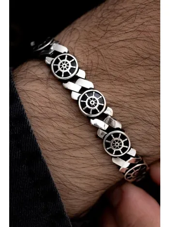 Erkek Gümüş Bileklik - Dümen Motifli Yuvarlak Model Gümüş Bileklik