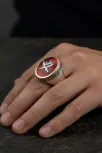 Erkek Gümüş Yüzük - Çift Zülfikar Kılıcı Ve Tuğra İşlemeli Yakut Taşlı Grek Desenli Gümüş Yüzük