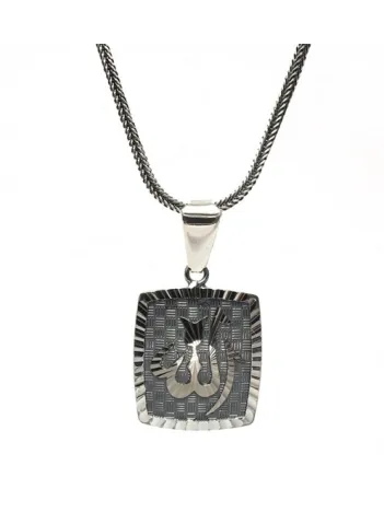 Kalem İşçilikli Allah Yazılı Erkek Gümüş Kolye Zincir