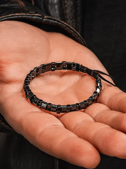 Erkek Kadın Doğal Taş Bileklik - Siyah Hematit Doğal Taşlı Makrome Model 4 Unisex Bileklik