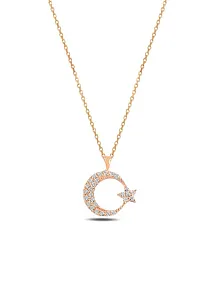Zirkon Taşlı Rose Renk Ay Yıldız Model 3 Kadın Gümüş Kolye GKLAYYLDZM6-ROS
