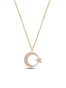 Zirkon Taşlı Rose Renk Ay Yıldız Model 3 Kadın Gümüş Kolye GKLAYYLDZM6-ROS