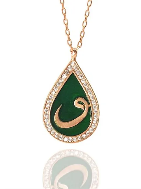 Zirkon Taşlı Damla Model Rose Renk Vav Harfi Gümüş Kolye