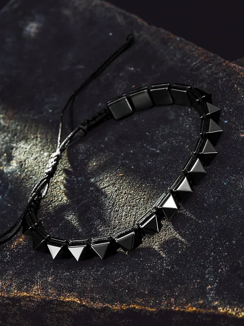 Erkek Kadın Doğal Taş Bileklik - Siyah Hematit Doğal Taşlı Makrome Gotik Tarz Model Unisex Bileklik