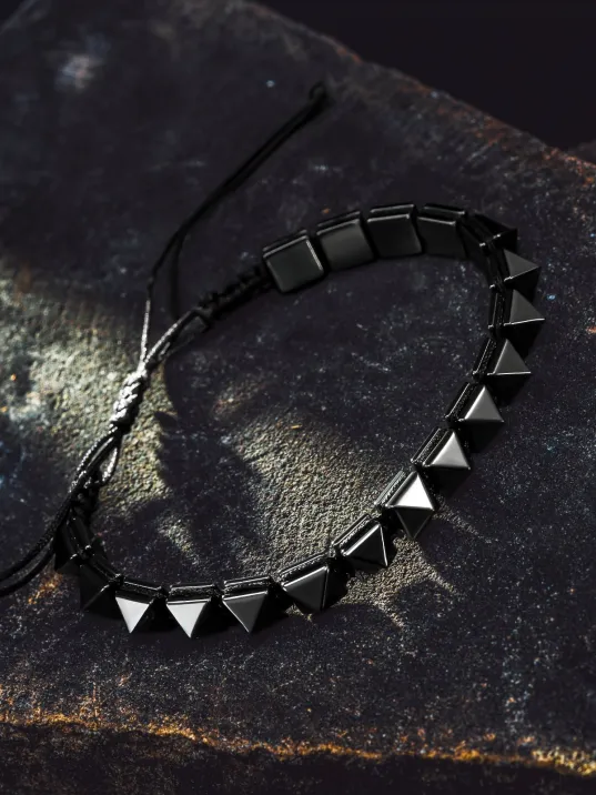 Erkek Kadın Doğal Taş Bileklik - Siyah Hematit Doğal Taşlı Makrome Gotik Tarz Model Unisex Bileklik