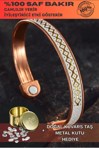 Erkek Kadın Bakır Bileklik - Üstü Hakiki Deri Mıknatıslı Model Metal Kutu Kuvars