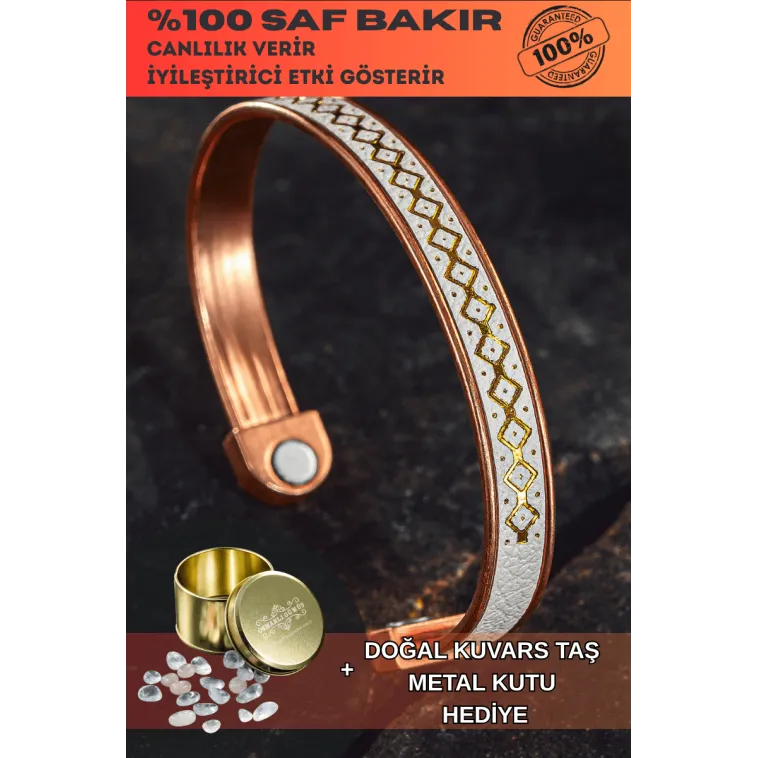 Erkek Kadın Bakır Bileklik - Üstü Hakiki Deri Mıknatıslı Model Metal Kutu Kuvars