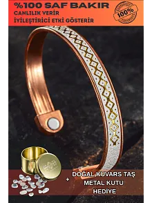 Erkek Kadın Bakır Bileklik - Üstü Hakiki Deri Mıknatıslı Model Metal Kutu Kuvars