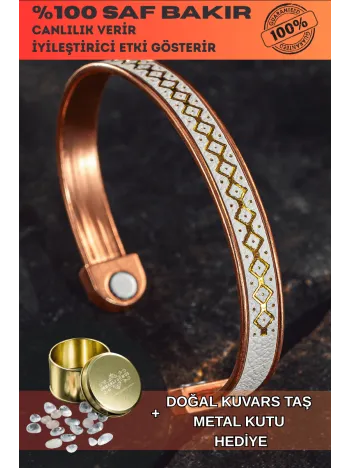 Erkek Kadın Bakır Bileklik - Üstü Hakiki Deri Mıknatıslı Model Metal Kutu Kuvars