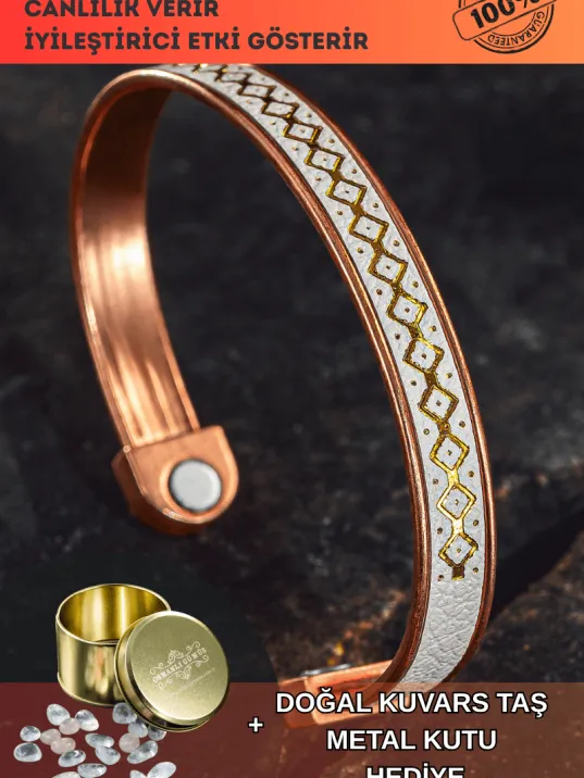 Erkek Kadın Bakır Bileklik - Üstü Hakiki Deri Mıknatıslı Model Metal Kutu Kuvars