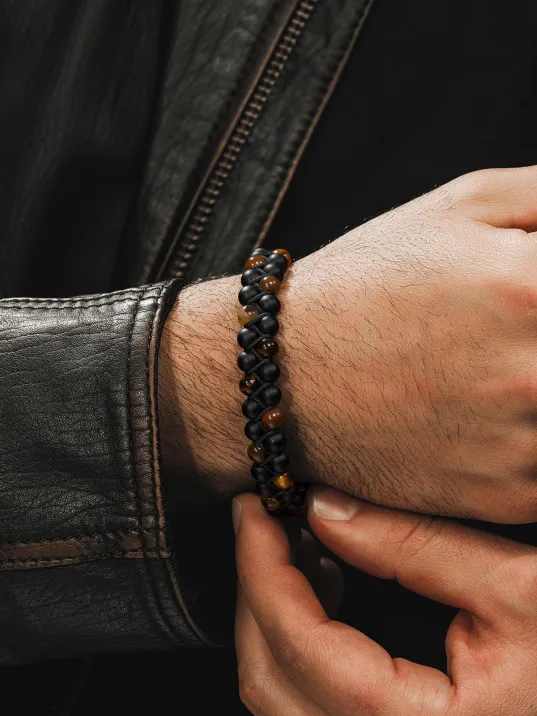 Erkek Doğal Taş Bileklik - Kaplan Gözü ve Oniks Doğal Taş Erkek Bileklik