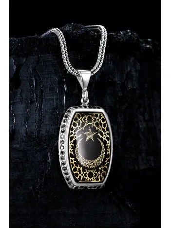 Erkek Gümüş Kolye - Kehribar Ay Yıldız İşlemeli Erkek Gümüş Kolye