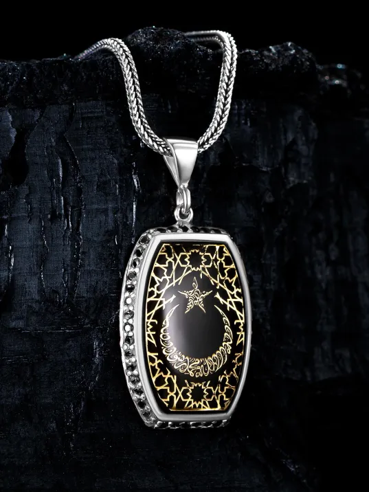 Erkek Gümüş Kolye - Kehribar Ay Yıldız İşlemeli Erkek Gümüş Kolye Erkek Gümüş Kolye - Kehribar Ay Yıldız İşlemeli Erkek Gümüş Kolye