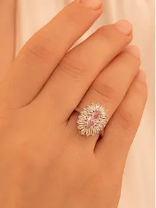 Kadın Gümüş Yüzük - Damla Model Pembe Zirkon Taşlı Baget Süslemeli Rodyumlu Kadın Yüzük