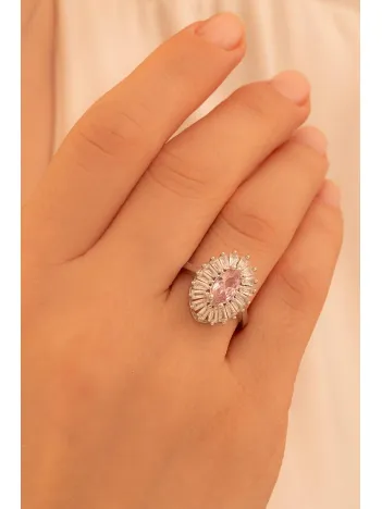Kadın Gümüş Yüzük - Damla Model Pembe Zirkon Taşlı Baget Süslemeli Rodyumlu Kadın Yüzük