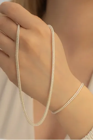 Kadın Gümüş Kolye Bileklik Set - 3mm Gümüş Beyaz Tilki Kuyruğu Model Kadın Kolye Bileklik Set