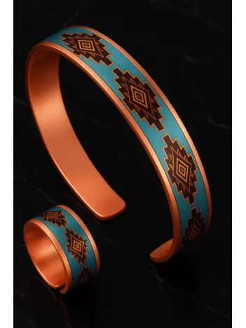 Kadın Bakır Bileklik Yüzük Set - Lux Model Özel Baskı Metal Kutu Ve Kuvars Taşı