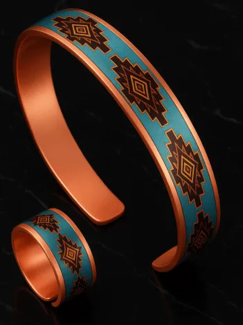 Kadın Bakır Bileklik Yüzük Set - Lux Model Özel Baskı Metal Kutu Ve Kuvars Taşı