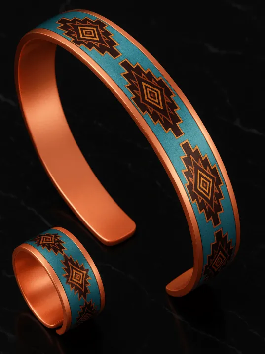 Kadın Bakır Bileklik Yüzük Set - Lux Model Özel Baskı Metal Kutu Ve Kuvars Taşı