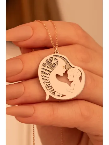 Anneler Günü Hediyesi Annem Yazılı Gümüş Anne Çocuk Kolyesi