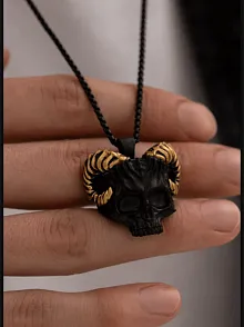 Erkek Kolye - Gotik Boynuzlu Kurukafa Model Erkek Çelik Kolye - 316 L Paslanmaz Çelik