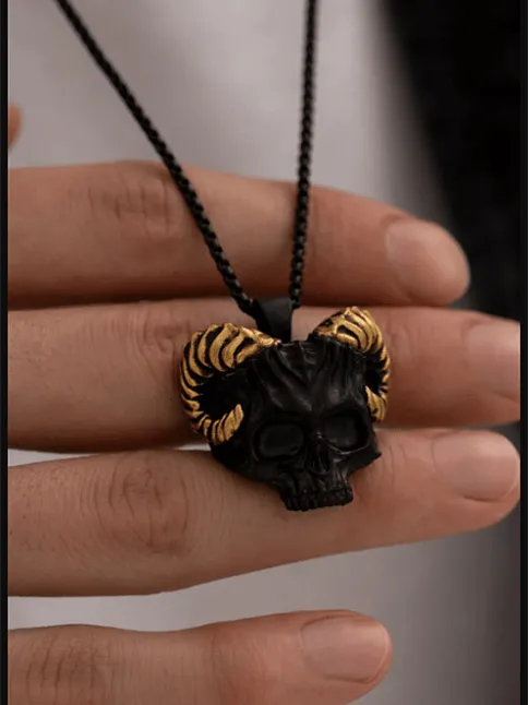 Erkek Kolye - Gotik Boynuzlu Kurukafa Model Erkek Çelik Kolye - 316 L Paslanmaz Çelik