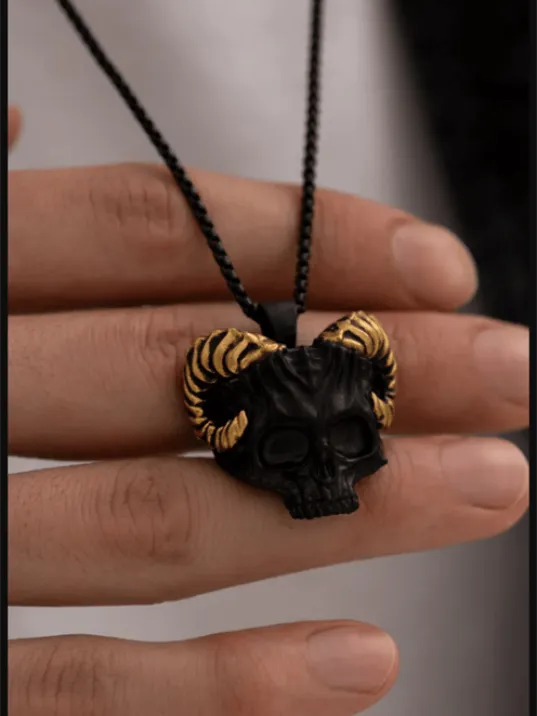Erkek Kolye - Gotik Boynuzlu Kurukafa Model Erkek Çelik Kolye - 316 L Paslanmaz Çelik