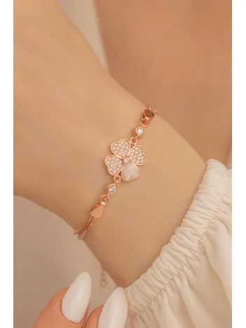 Kadın Bileklik-Gümüş Rose Çiçek Motifli Kadın Bileklik