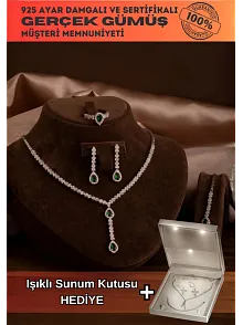 Kadın Gümüş Takı Seti - Lera Zümrüt Taşlı Mekik Model Kolye, Bileklik, Yüzük, Küpe Tam Set