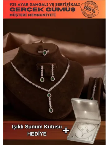 Kadın Gümüş Takı Seti - Lera Zümrüt Taşlı Mekik Model Kolye, Bileklik, Yüzük, Küpe Tam Set