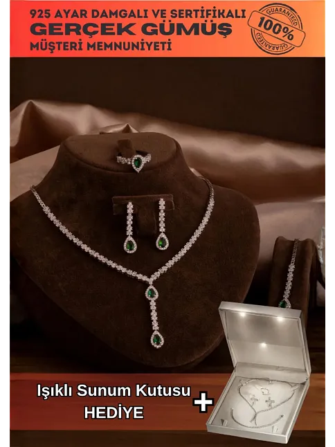 Kadın Gümüş Takı Seti - Lera Zümrüt Taşlı Mekik Model Kolye, Bileklik, Yüzük, Küpe Tam Set