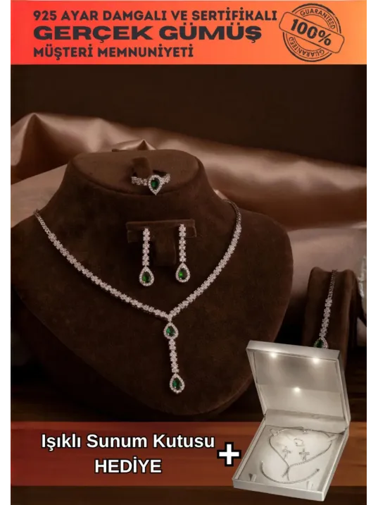 Kadın Gümüş Takı Seti - Lera Zümrüt Taşlı Mekik Model Kolye, Bileklik, Yüzük, Küpe Tam Set