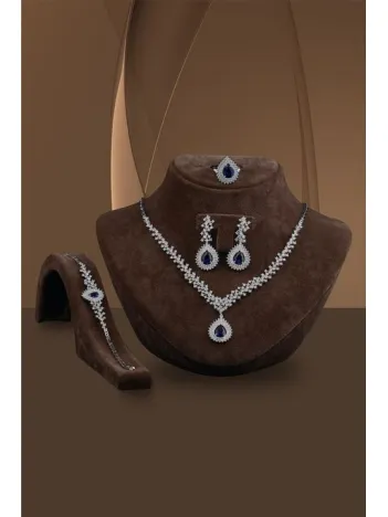 Çise Bayan Safir Taşlı Gümüş Su Yolu Set - Kolye, Bileklik, Küpe, Yüzük