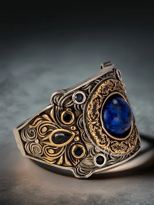 Erkek Lapis Taşlı Kalem İşlemeli Zirkon Taşlı 925 Ayar Gümüş Yüzük