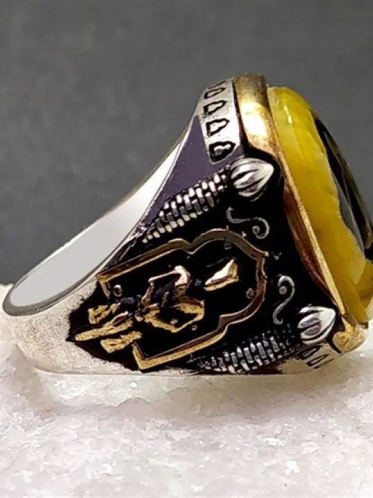 Elif Vav Yazılı Sıkma Kehribar Gümüş Erkek Yüzük