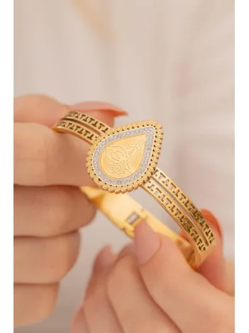 Kadın Bileklik-22 Ayar Gerçek Altın Kaplama(kararmaz) Çelik Kadın Kelepçe-Damla Model Tuğra İşlemeli