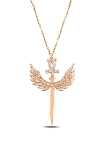 Zirkon Taşlı Rose Mikailin Kılıcı Kadın Gümüş Kolye GKLMKLKLCM1-ROS