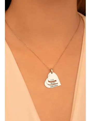 Kadın Gümüş Kolye - Kalp Tasarım 3 lü İsim Yazılan Gümüş Kolye