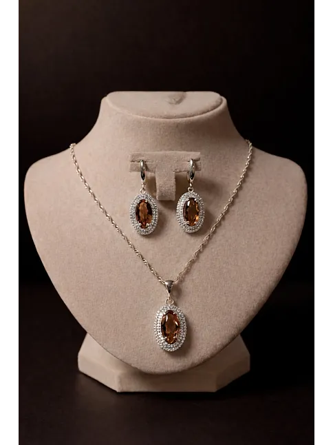 Kadın Gümüş Kolye Küpe Set - Oval Model Zultanit Taşlı Gümüş Set