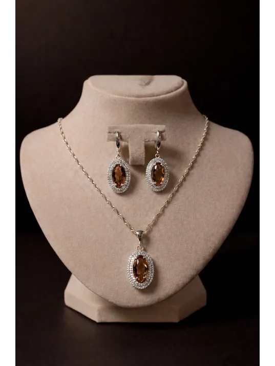 Kadın Gümüş Kolye Küpe Set - Oval Model Zultanit Taşlı Gümüş Set