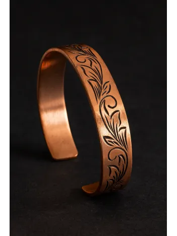 Kadın Bakır Bileklik - Yaprak Model Kadın Bakır Kelepçe Bilezik Metal Kutu ve Doğal Taşlar