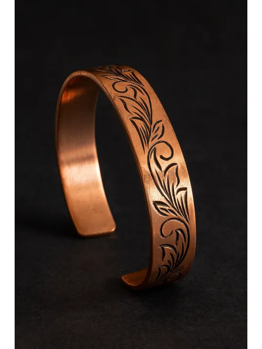 Kadın Bakır Bileklik - Yaprak Model Kadın Bakır Kelepçe Bilezik Metal Kutu ve Doğal Taşlar