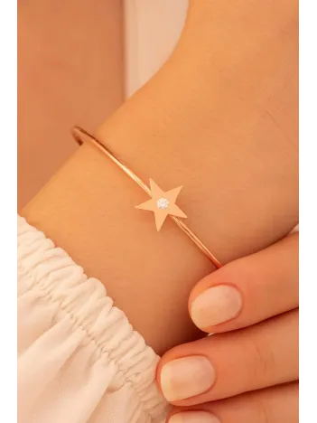 Kadın Gümüş Bileklik - El Yapımı Rose Kaplama Gümüş Zirkon Taşlı Yıldız Motifli Kadın Bileklik