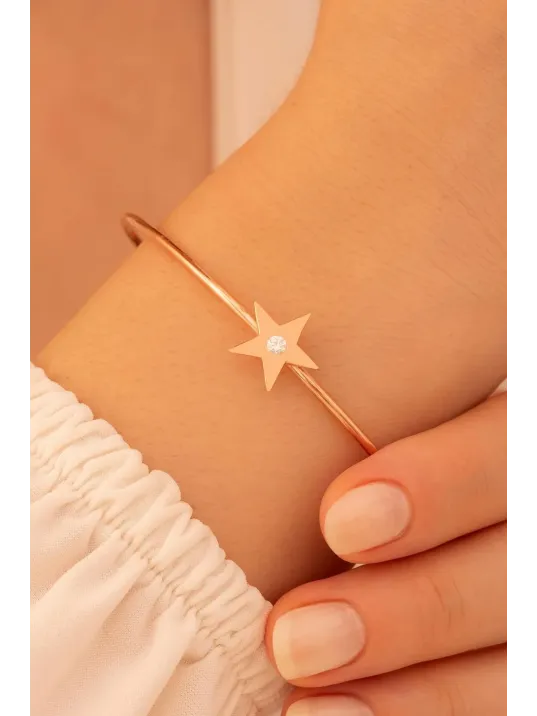 Kadın Gümüş Bileklik - El Yapımı Rose Kaplama Gümüş Zirkon Taşlı Yıldız Motifli Kadın Bileklik