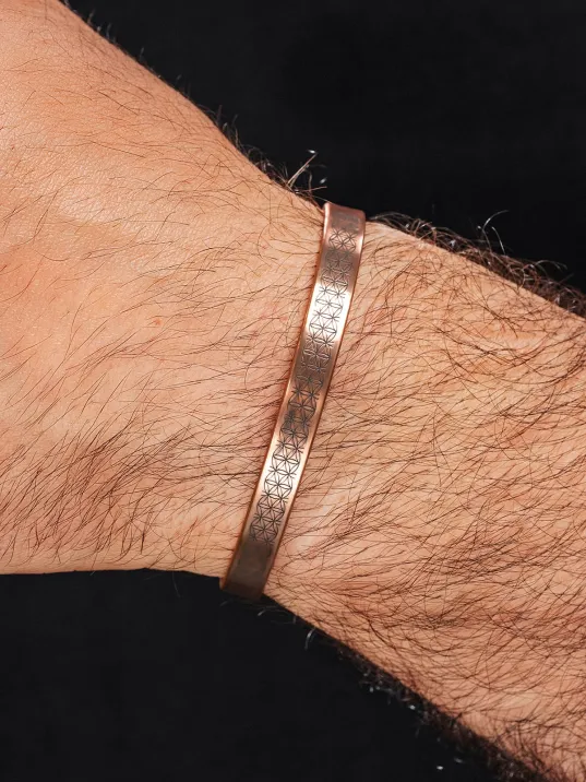 Erkek Bakır Bileklik - Lotus Çiçeği - Yaşam Çiçeği İnce Model 2 Erkek Kelepçe Bileklik Bilezik