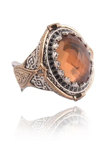 Zirkon Taşlı İçinde Ay Yıldız Türk Bayrağı Yanı İşlemeli Erkek Gümüş Yüzük