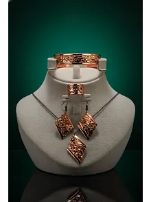 Kadın Bakır Set - Bej Sonbahar Işıltısı Model Bakır Kadın Kolye Bileklik Yüzük Küpe Set