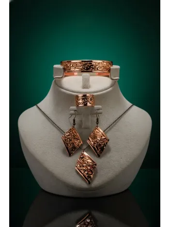 Kadın Bakır Set - Bej Sonbahar Işıltısı Model Bakır Kadın Kolye Bileklik Yüzük Küpe Set