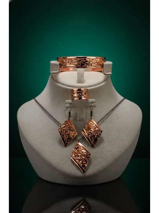 Kadın Bakır Set - Bej Sonbahar Işıltısı Model Bakır Kadın Kolye Bileklik Yüzük Küpe Set